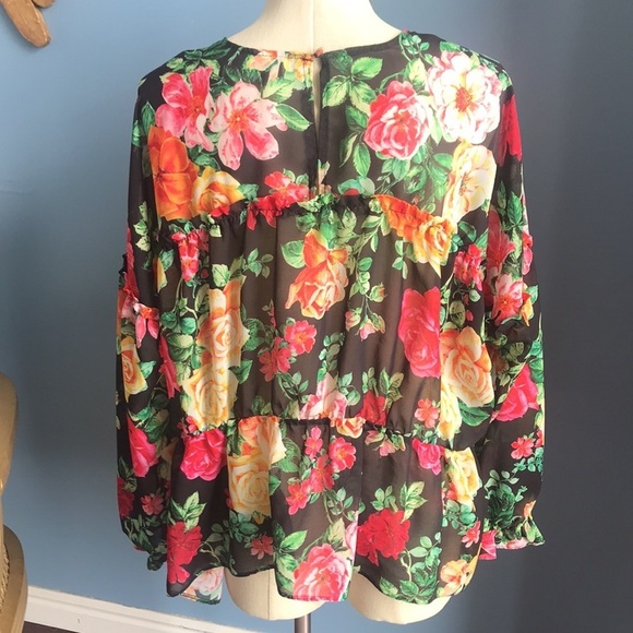 ASOS black floral 3/4 sleeves layered V neck see through top size 14 - Picture 4 of 12